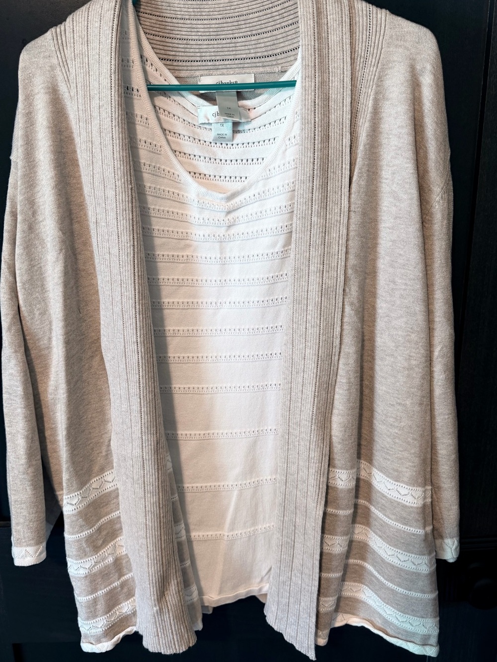 CJ Banks Neutral Open-Front Shawl Cardigan in Beige and Off-White